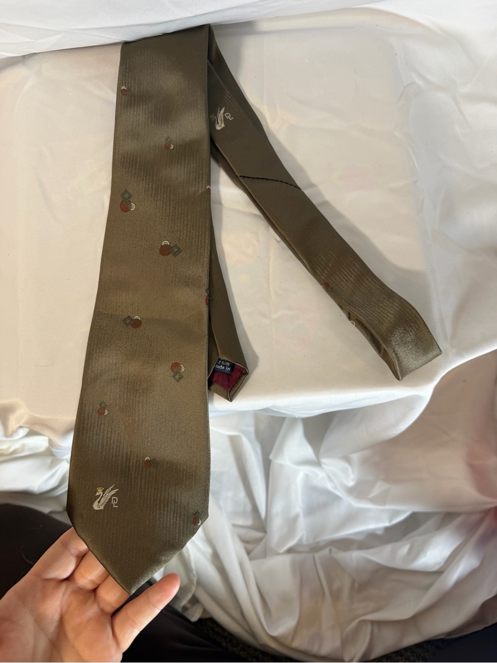 Men's Olive Green Patterned Silk Tie - Unbranded